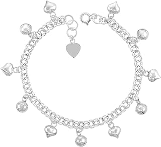 Women's Sterling Silver Dangling Hearts and Jingle Bells Charm Bracelet with Spring Clasp and Cable Chain, Fits 7-8 inch Wrists