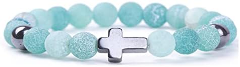 Handmade Religion Cross Natural Colorful 8mm Stone Beads Bracelet Stretch Elastic Link Bangle Friendship Couple Adjustable Jewelry for Women Men