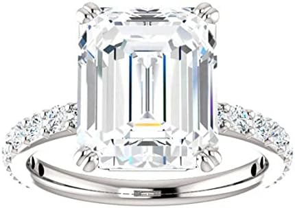 Elegant 5 Carat Emerald-Cut Engagement Ring with Cubic Zirconia Accents for Her by Nitya Jewels, Handmade Sterling Silver Design