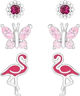 AUBE JEWELRY Hypoallergenic 925 Sterling Silver Nature Ear Studs Set - Dot, Butterfly and Flamingo Stud Earrings with Comfort Fit Push Back Closings