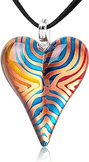 Lobster Clasp Hand Blown Glass Heart-Shaped Pendant Necklace with Zebra Design in Vibrant Colors for Women, 18 inches