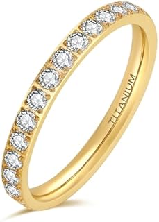 2mm Women Titanium Engagement Ring Cubic Zirconia Eternity Wedding Band 18K Gold Plated
