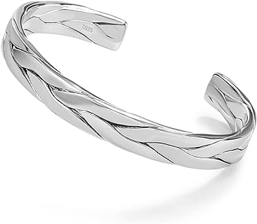 Adjustable Open Bangle Bracelet in Sterling Silver with Spring Ring Clasp for Women and Men, H&Beautimer Original Patterned Design Jewelry Gift