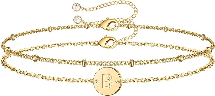 MONOZO Gold Initial Bracelets for Women, Dainty 14K Gold Filled Layered Beaded Letter Initial Bracelet Personalized 26 Alphabet Disc Monogram Charm Bracelet Jewelry Gifts for Girls