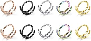 BOPREINA 10pcs 20G Double Nose Rings Hoop for Single Piercing Nose Hoop Stainless Steel Double Hoops Twist Spiral Nose Ring Nostril Piercing Jewellery for Women Men 6-10mm