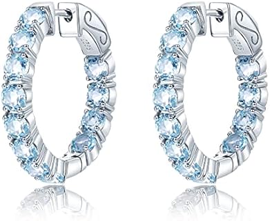 Hoop Earrings for women 925 Solid Sterling Silver, Natural Gemstone with 24 Grains Round Shape Main Stone Rhodium Plated Classic Style Fine Jewelry for Birthday Christmas Gifts