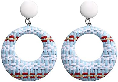 Handmade Rattan Ball Hoop Earrings with Raffia Straw Detailing for Women, Geometric Circle Dangle Design - Bohemian Statement Summer Beach Jewelry