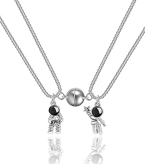 Magnetic Stainless Steel Astronaut Heart Pendant Matching Couple Necklaces with Cable Chain for His and Hers - Attractive Relationship Jewelry