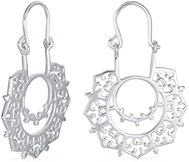 Boho Tribal Artisan Crescent Dangling Chain Sanskrit Circle Swirl Spiral Pull Through Hoop Threader Earrings For Women Teen .925 Sterling Silver