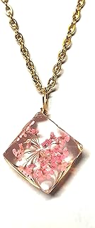 Lobster Clasp Pressed Flower Pendant Necklace with Rolo Gold Stainless Steel Chain for Women, Diamond Shaped Design