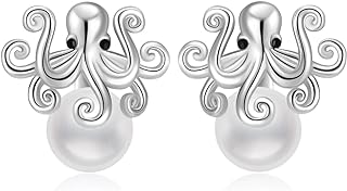 TIGER RIDER Women's Octopus Shaped Sterling Silver Pearl Stud Earrings with Push Back Design, Perfect Gift for Her - Birthdays, Anniversaries, Pirate Jewelry Collection