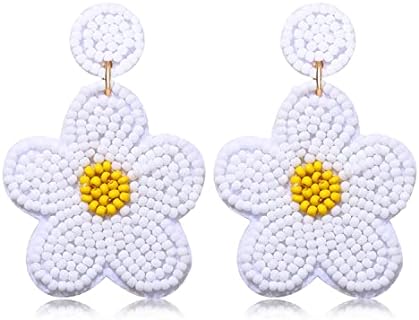 Beaded Flower Earrings for Women Statement Colorful Floral Beaded Drop Dangle Earrings Bohemia Handmade Tropical Fancy Flower Earrings for Girls Sister Mom Gifts Jewelry Accessories