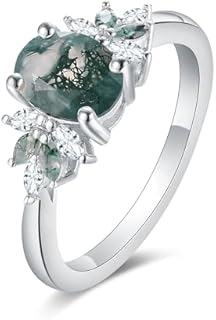 Moss Agate Ring for Women 1.5CT Oval Cut Moss Agate Engagement Rings Platinum Plated 925 Sterling Silver Wedding Ring Natural Green Gemstone Ring for Women Art Deco Rings for Women