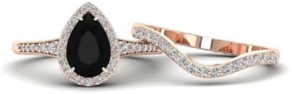 Black 3.00 CT Pear Engagement Ring 14K Rose Gold Black Onyx Bridal Ring Set Black Stone Halo Diamond Ring Curved Wedding Band Art Deco Rings for Her