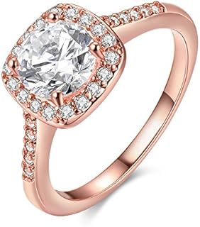 Rose Gold Brass Princess Cut Engagement Ring with Cubic Zirconia for Women, Square Design