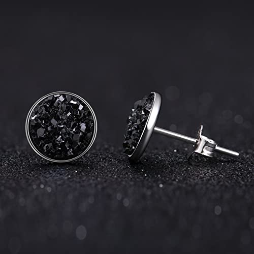 Black Earrings for Women, 925 Sterling Silver Black Stud Earrings Round Druzy Earrings Hypoallergenic for Women Men, 8 Colors Options