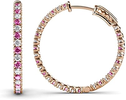 Pink Sapphire & Natural Diamond 2 mm Inside-Out Hoop Earrings 1.85 ctw 14K Rose Gold
