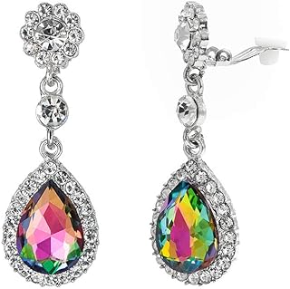 Clip On Dangle Bridal Earrings with Austrian Crystal Rhinestones for Women in Classic Teardrop Design