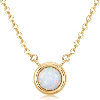 Blocaci 14K Gold White Opal Necklace Dainty 6.5mm Gemstone Pendant Choker Necklace Created Opal Necklace 14+1+1"