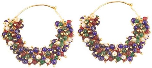 Native American Beaded Hoop Earrings with Push Back, Rhinestone and Alloy Material in Gold Tone