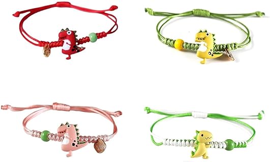 4-Piece Dinosaur-Themed Beaded Cord Strand Bracelets with Rope Chain for Women and Girls- Resin and Zinc Material
