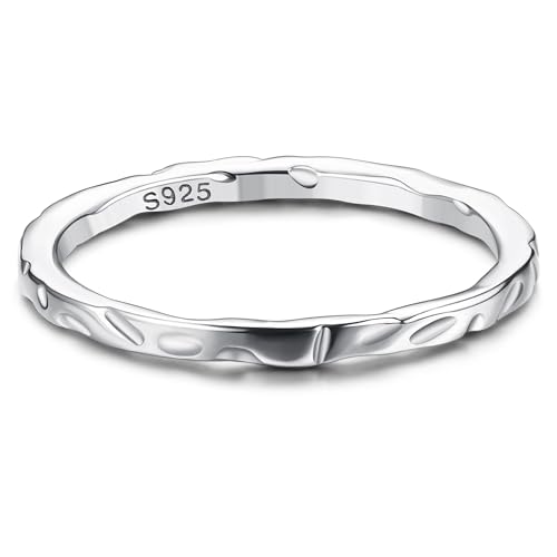 Milacolato S925 Sterling Silver Ring for Women Men 18K White Gold Plated Thin Plain Stackable Statement Thumb Rings High Polished Beveled Edge Twisted Wave Hammered Band Rings Comfort Fit Size 6 to 11, 1.5mm