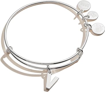 Alex and Ani Expandable Bangle for Women, Initial V Letter Charm, Shiny Silver Finish, 2 to 3.5 in