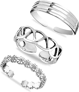 Charmsy Trio Set of Authentic 925 Sterling Silver, Anti-Tarnish Hawaiian Leaf & Open Flower Cutwork Toe Rings for Women