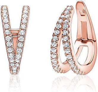 Sterling Silver Conch Huggie Hoop Earrings Tapered Double Row Simulated Diamonds Cartilage Ear Cuff for Non Pierced Ears Hinged