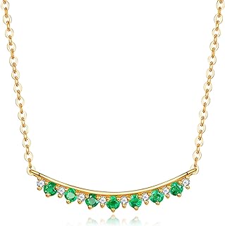 Carleen 14K Solid Yellow Gold May Birthstone 0.17CTTW Green Emerald 0.03CT White Diamond Small Dainty Multi-Gemstone Smile Bar Necklace Fine Jewelry for Women Girlfriend Her, 18 Inch