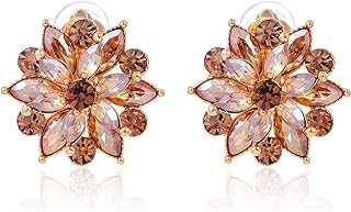 Women's Gold Plated Clip-On Rhinestone Stud Earrings - Sparkly Flower Design with Secure Zinc Back Finding