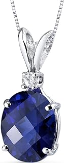 PEORA 14K White Gold Created Blue Sapphire with Genuine Diamond Pendant for Wome, Elegant Solitaire, 3.65 Carats Oval Shape AAA Grade