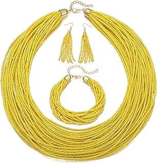 3 Pcs Multi Strand Beaded Statement Necklace Set Include Multi Layer Seed Beads Necklace Yellow Beaded Bracelet Handmade Beaded Tassel Earrings for Women Girls Gift