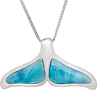 Sterling Silver Natural Larimar Gemstone Whale Tail Necklace Pendant with 18" Box Chain, Nickle Free Hypoallergenic for Sensitive Skin, Gift Box Included