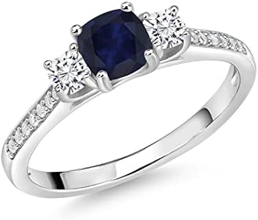 Gem Stone King 925 Sterling Silver Gemstone Birthstone and White Moissanite Ring | 5MM and 3MM Cushion | 3-Stone Wedding Engagement Anniversary Promise Ring For Women