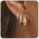 3 Pairs Gold Hoop Earrings for Women, 14K Gold Plated Chunky Earrings Set for Women, Girls Gift Huggie Hoop Earring Lightweight