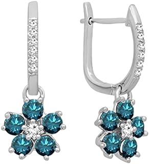 Hinged-Clasp 1 Carat Diamond and Blue Sapphire Drop Earrings for Women in White Gold, Cluster Flower Design