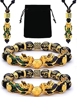 4 Pieces Feng Shui Pi Xiu Pi Yao Bracelet Necklace Set, Adjustable Feng Shui Lucky Nafu Wealth Necklaces Black Bead Bracelet with Hand Carved Amulet Bead