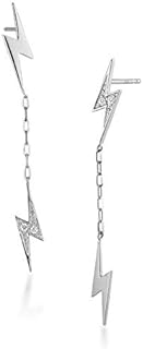 Double Lightning Bolt Tassel Drop Dangle Mini Crystal Stud Earrings for Women Girls 925 Sterling Silver Tiny Piercing Ear Studs Cartilage Tragus Chain Nickel Free Fashion Punk Jewelry