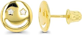 14K Yellow Gold Smiley Face Screwback Stud Earring