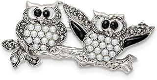 925 Sterling Silver Marcasite With Black Agate Simulated Mother of Pearl and Fw. Cultured Pear Pin Measures 24x47mm Wide Jewelry for Women