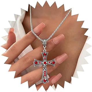 Gothic Ruby Cross Pendent Necklace Cz Ruby Cross Choker Necklace Large Cross Necklace Chain Red Crystal Cross Necklace Silver Rhinestone Cross Chain Necklace Jewelry for Women and Girls