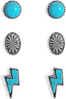Western Turquoise Lightning Bolt Stud Earrings Bohemian Vintage Turquoise Thunder Flash Earrings Cowgirl Cowboy Jewelry for Women Girls