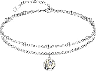 Ankle Bracelet 925 Sterling Silver Layered Anklet Dainty Sun Beach Anklets for Women White Gold Sailboat/Moon/Palm/Lighthouse Link Anklet Adjustable Created Moonstone Chain Foot Anklet Jewelry