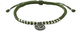 NOVICA Handmade Silver Charm Bracelet on Braided Cords Fine No Stone Thailand Thought Meditation Yoga Peace Inspirational 'Ancient Om in Green'
