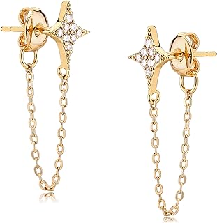 Mevecco Women Dainty Chain Stud Earrings 18K Gold Plated Star Moon Diamond CZ Cubic Zriconia Inlay Lucky Cute Link Drop Dangle Tiny Delicate Boho Beach Simple Handmade Hypoallergenic Jewelry Gift