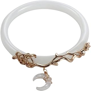Vintage White Jade Bangle Imitation Jade Bracelet with Moon Pendant Bangle Chinese Style Bracelet for Women and Girls