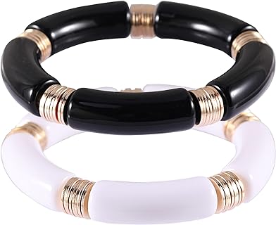 PIPITREE Bamboo Tube Bangles Bracelet For Women ，Chunky Curved Stacking Clear Acrylic Colorful Beads Stretchable Gold Bracelets Friendship Summer Beach Jewelry…