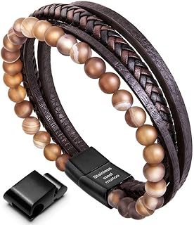 Montblanc Bracelet Homme en Cuir et Pierre Naturelle de 22cm, avec Fermoir Magnétique en Acier Inoxydable, Idéal pour Un Style Élégant au Quotidien ou comme Cadeau