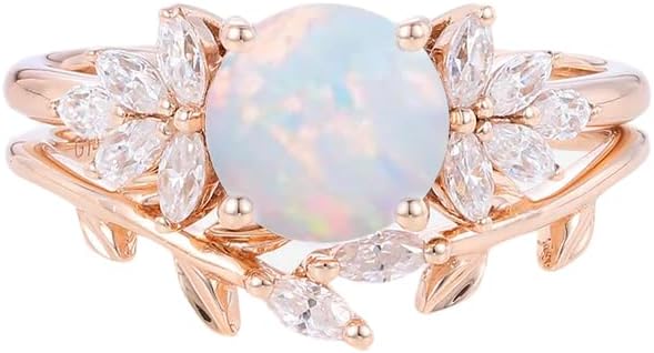 Opal Engagement Ring Set in Rose Gold with Vintage-inspired V-shaped Band, Perfect for Women